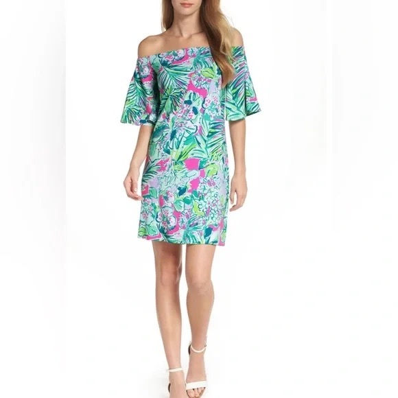 Lilly Pulitzer Dresses & Skirts - Lilly Pulitzer Fawcett off shoulder dress Early Bloomer print Size Small